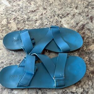 Louis Vuitton Teal Blue Leather Cross-Strap Slides